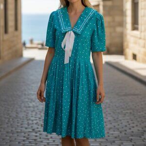 Vintage Laura Ashley 1980's Polka Dot Aqua Blue Cotton Sailor Dress Sz. 8